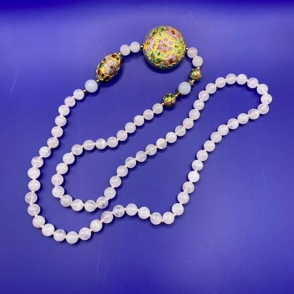 Vintage Snow-White Quartz & Cloisonne Beads Necklace Long - Picture 1 of 7